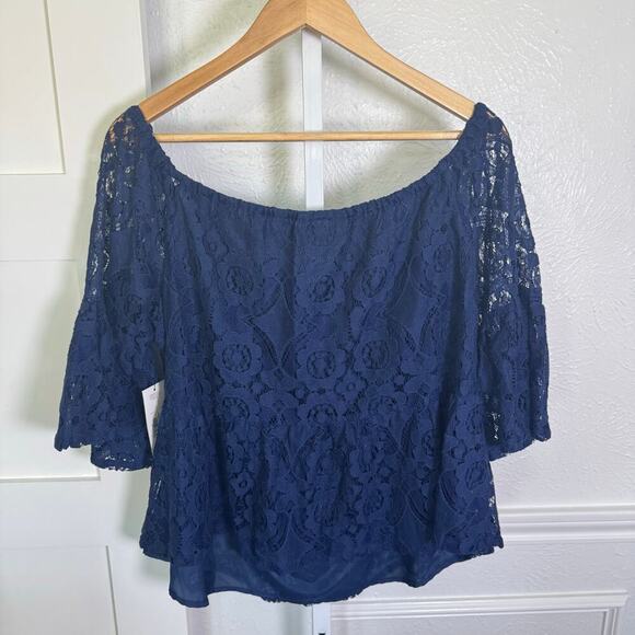 NEW a.n.a A New Approach American Navy Blue Lace Off Shoulder Flowy Blouse Sz XL - Picture 8 of 11